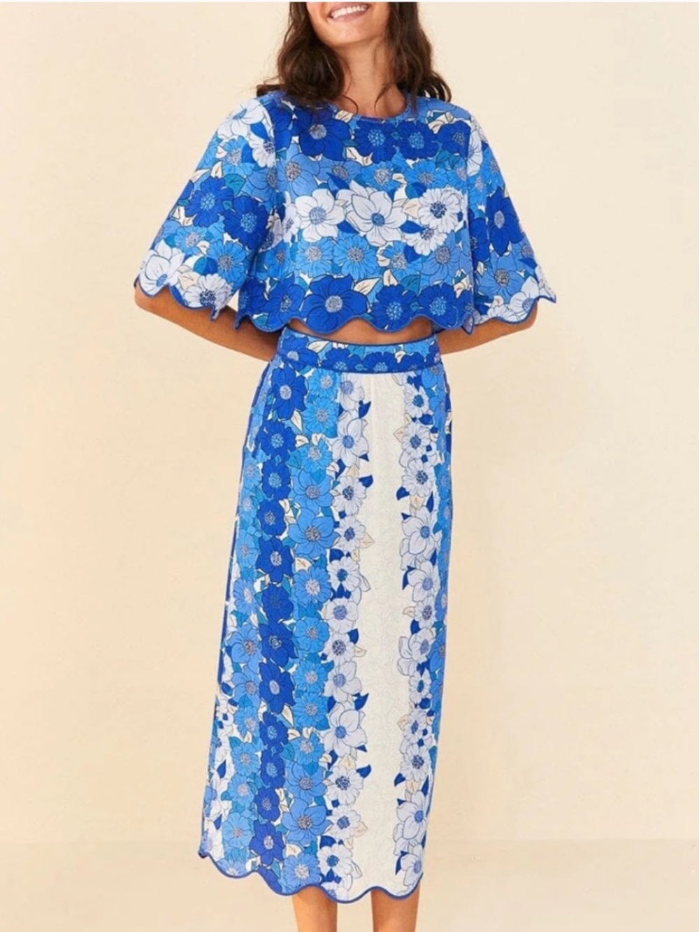 Farm Rio Blue Flower Stripes Midi Skirt Size Small